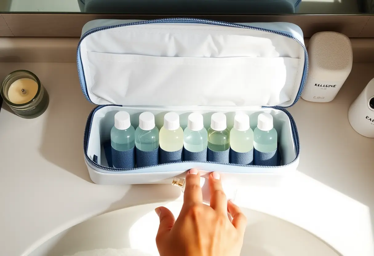 Un kit de toilette ouvert sur un meuble de salle de bains, montrant plusieurs contenants de liquide de différentes tailles, tous fermés et bien alignés, avec une main qui s'en saisit pour prendre une petite bouteille