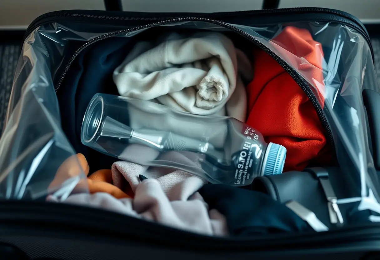 Un bocal en plastique à moitié vide posé à plat dans un sac de voyage transparent, entouré de vêtements soigneusement pliés, sur une tablette de porte-valises d'hôtel