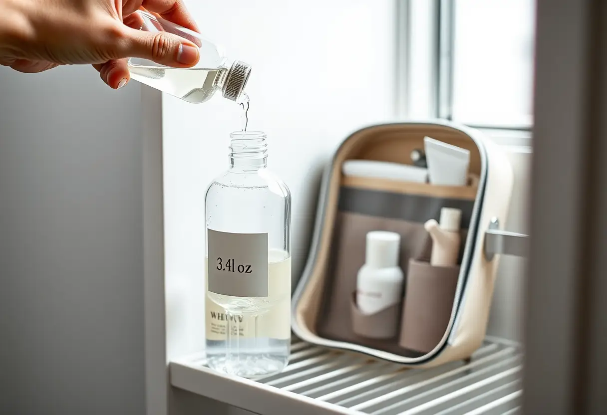Une main qui verse un liquide dans une bouteille en plastique transparente avec une étiquette indiquant "3.4 fl oz", la bouteille est posée à côté d'un kit de toilette ouvert sur une étagère de salle de bains