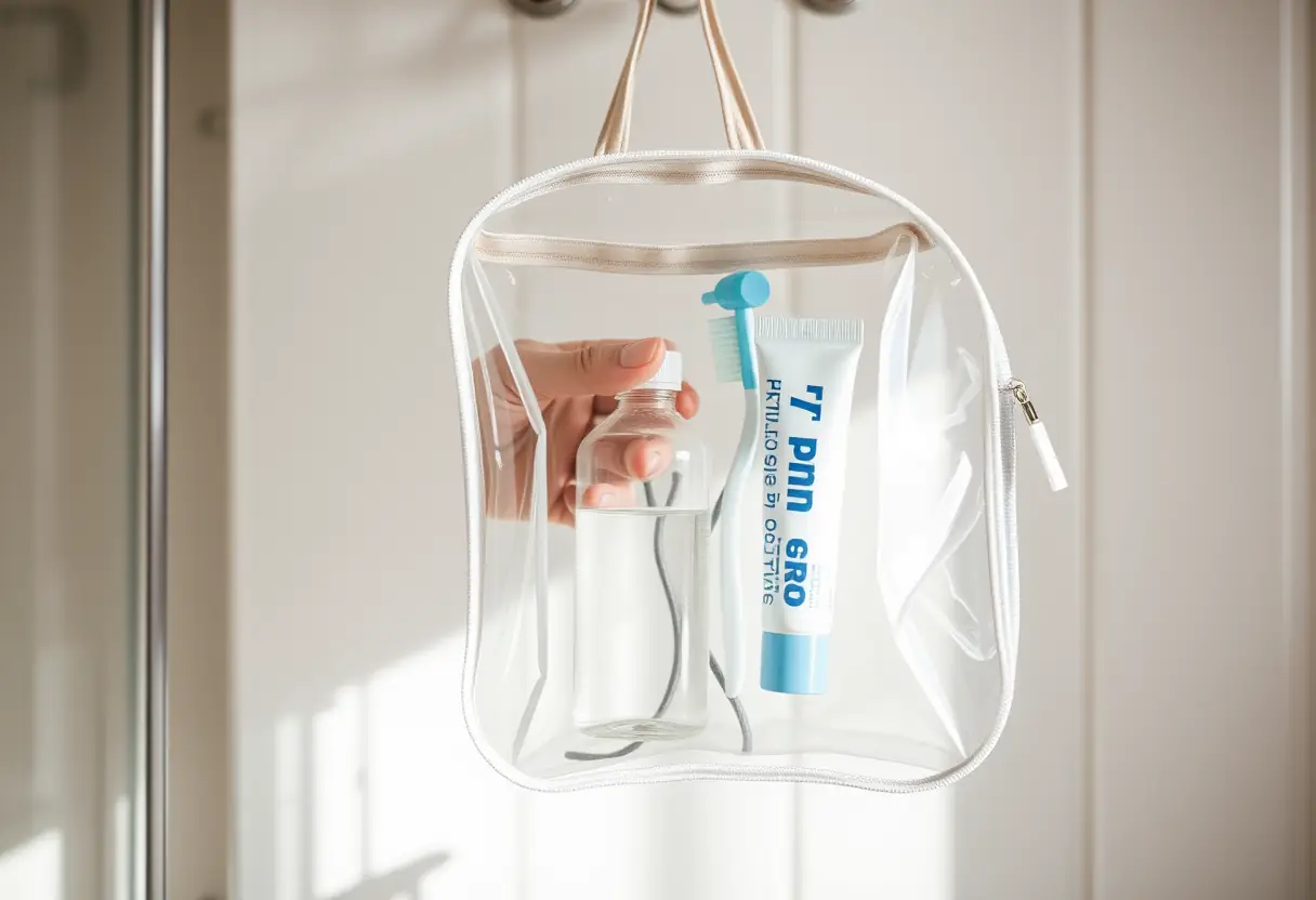 Un sac de toilette accroché à un porte-sac dans une salle de bains, à l'intérieur se trouve une petite bouteille remplie jusqu'à la marque de 100 ml, une main tenant un brosse à dents et un tube de dentifrice