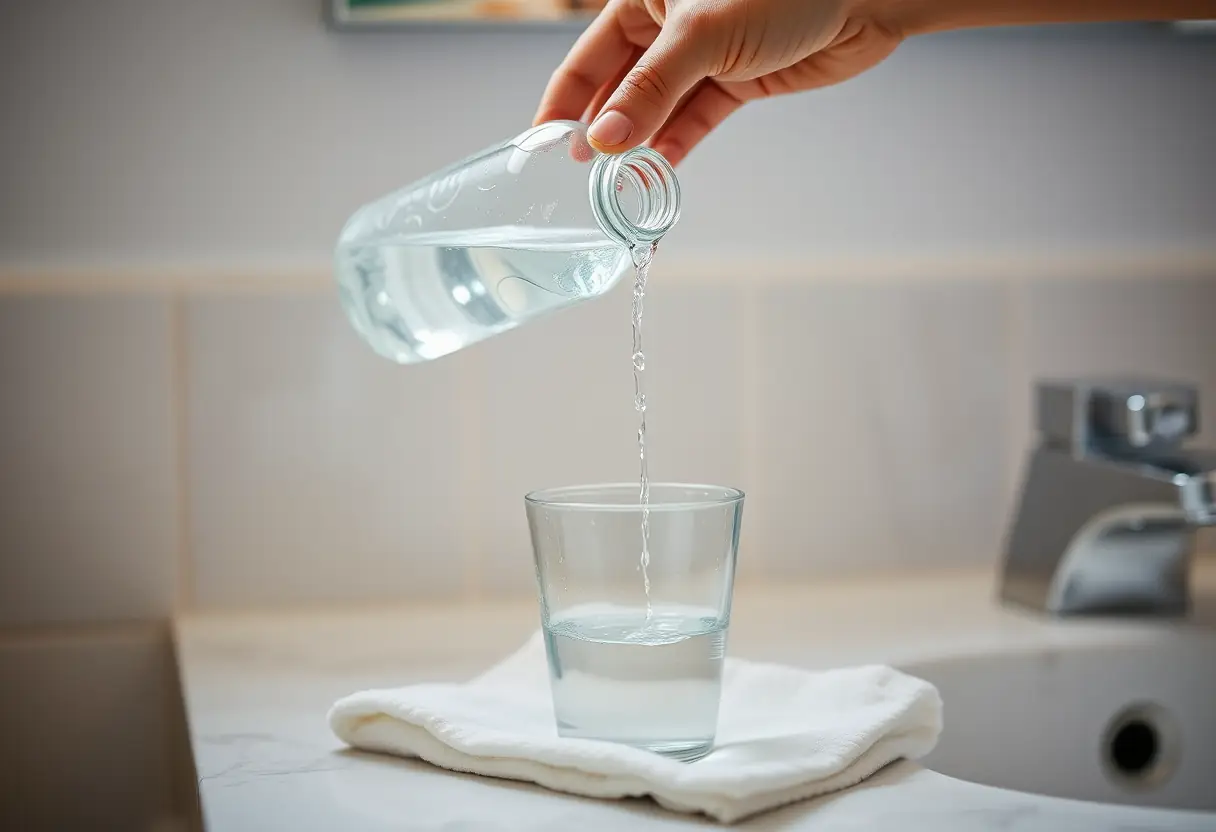 Une main verse de l'eau d'un bocal en plastique transparent dans un verre en plastique transparent posé sur une serviette pour capturer les gouttes, sur une tablette de salle de bains