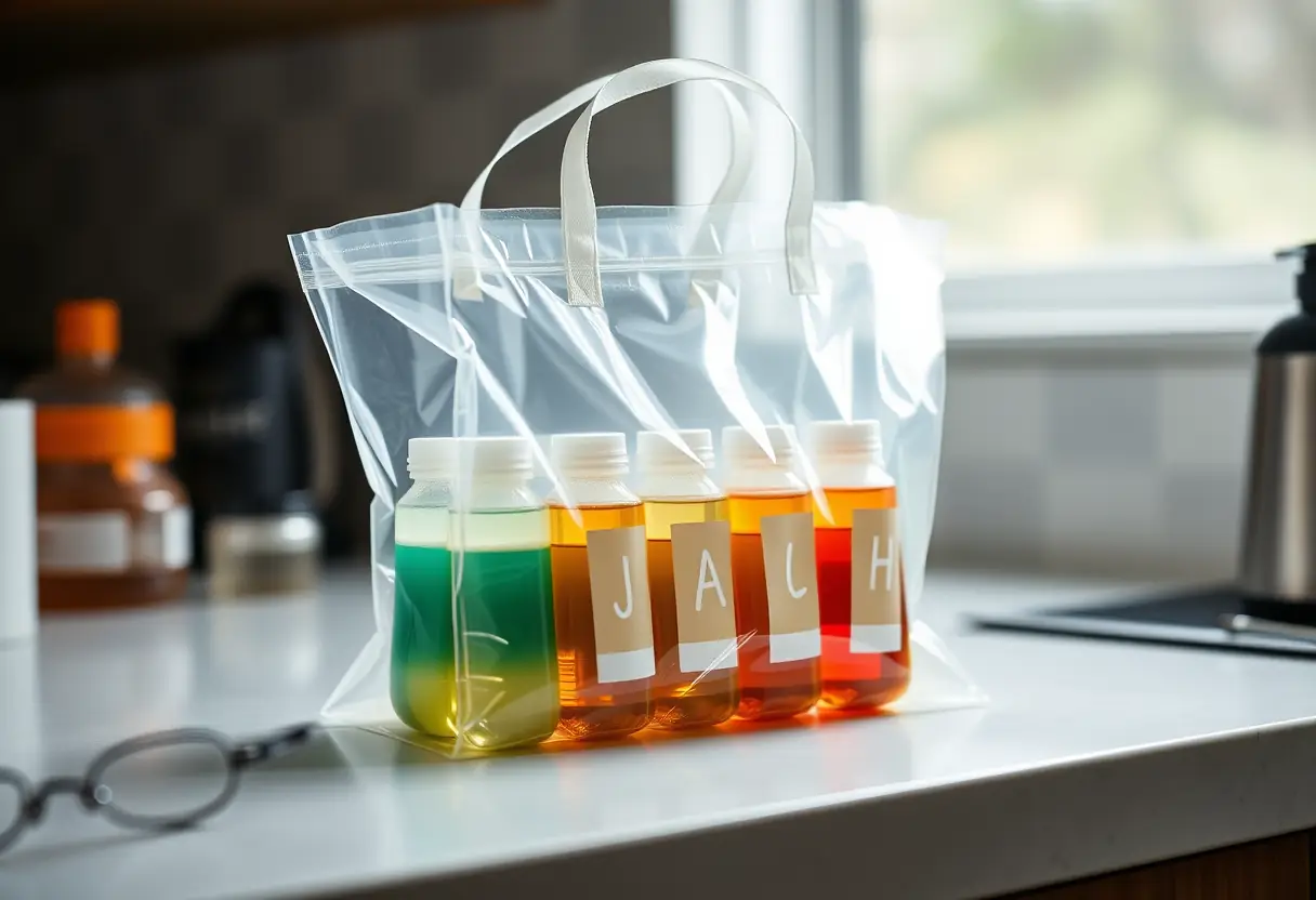 Un sac en plastique translucide rempli de petits contenants de liquide, disposés soigneusement sur un comptoir.