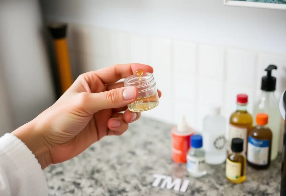 Une main qui verse une petite quantité de liquide dans un conteneur de voyage, derrière se trouvent diverses bouteilles miniatures sur un comptoir.