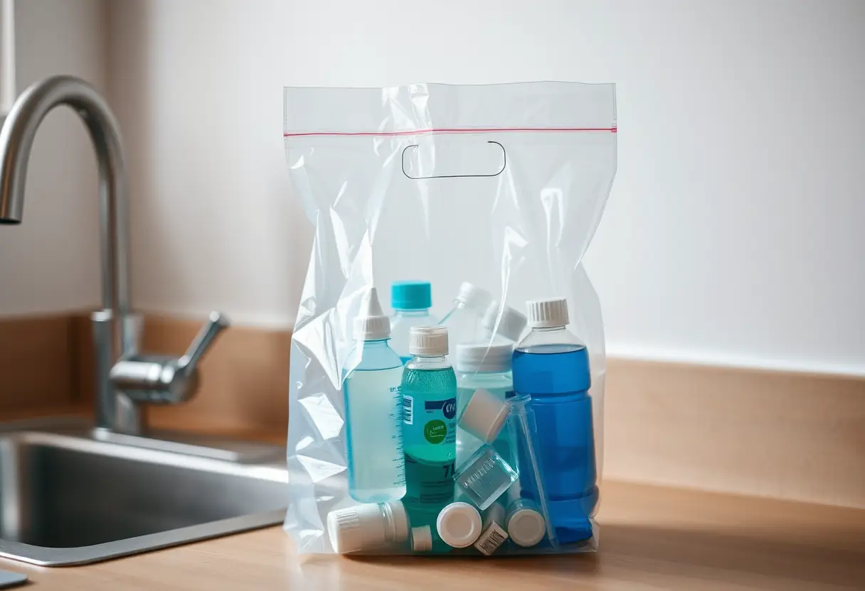 Un sac plastique transparent rempli de petits bouteilles et conteneurs posé sur un comptoir à côté d'un robinet