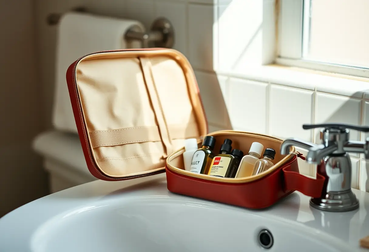 Un kit de toilette partiellement ouvert sur un lavabo de salle de bains, révélant plusieurs petites bouteilles à l'intérieur