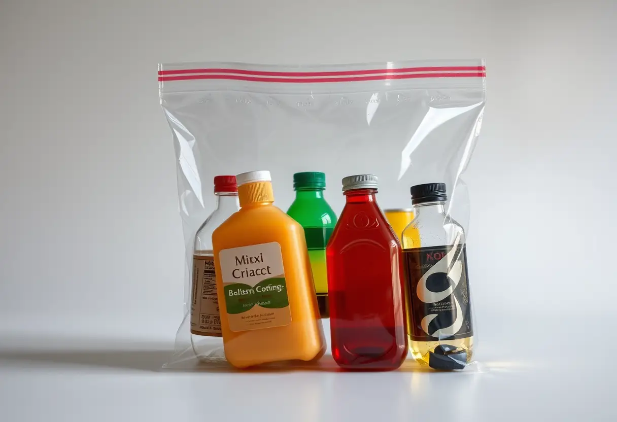 Un sac transparent de quart contenant plusieurs petites bouteilles de liquide