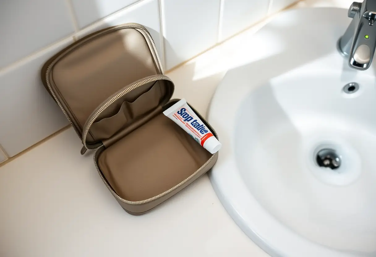 Un kit de toilette partiellement ouvert sur un meuble de salle de bains, contenant un tube de dentifrice à moitié utilisé, à côté d'un lavabo rempli de mousse de savon