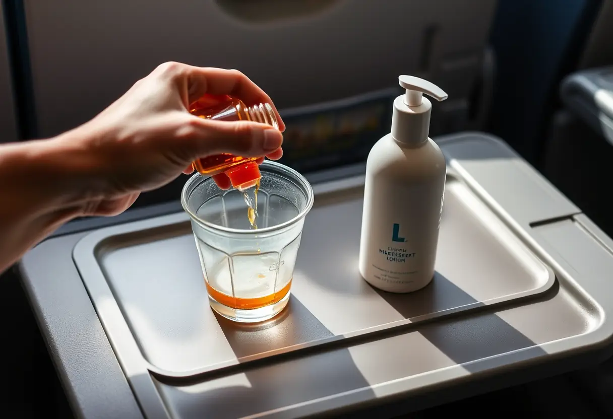 Une main qui verse un liquide d'une bouteille en verre dans un gobelet en plastique, à côté d'une bouteille de lotion à demi vide, tous deux disposés avec soin sur une tablette d'avion près d'une banquette de siège