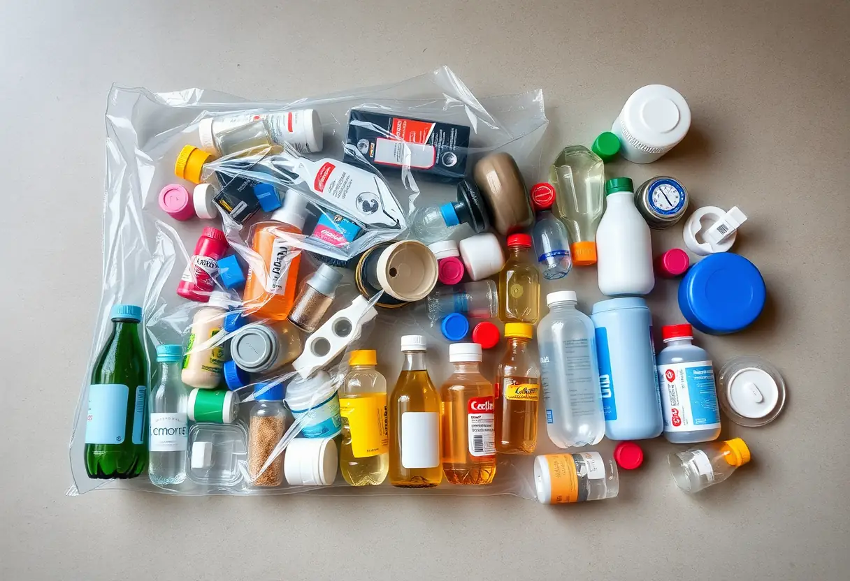 Un sac en plastique transparent rempli de bouteilles et contenants, disposés sur une surface plane pour inspection