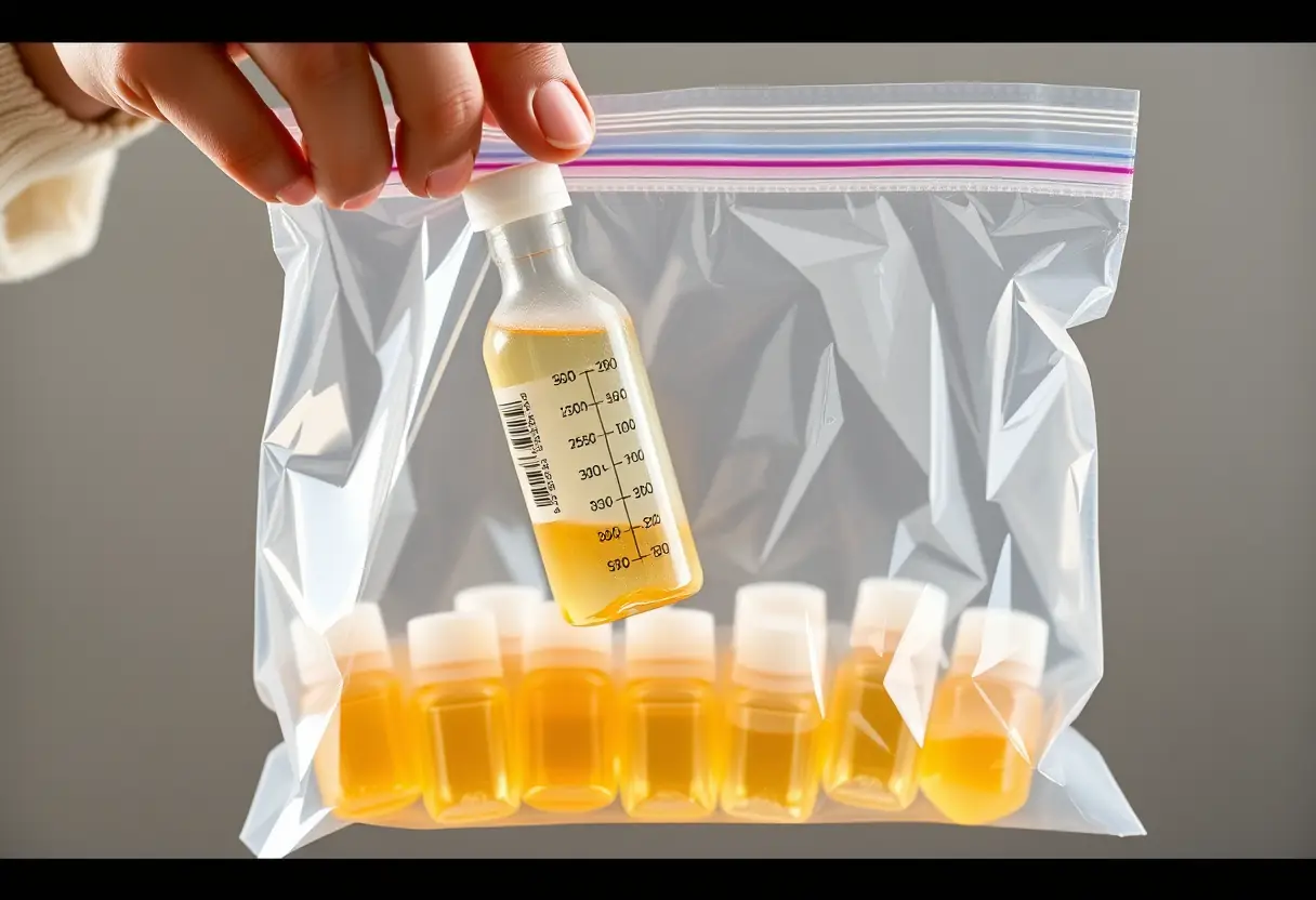 Une main mettant en place une petite bouteille de liquide dans un sac en plastique transparent, la bouteille est mesurée avec précision pour respecter la règle des 100 ml