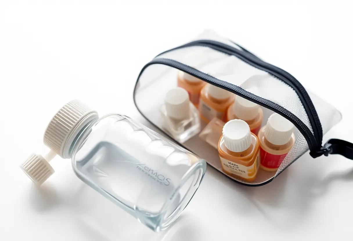 Un bouchon de bouteille plastique à côté d'un sac de toilette rempli de petites bouteilles scellées