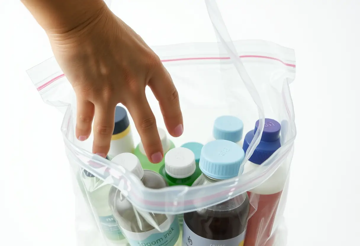 Une main plongeant dans un sac en plastique transparent contenant plusieurs bouteilles et récipients scellés