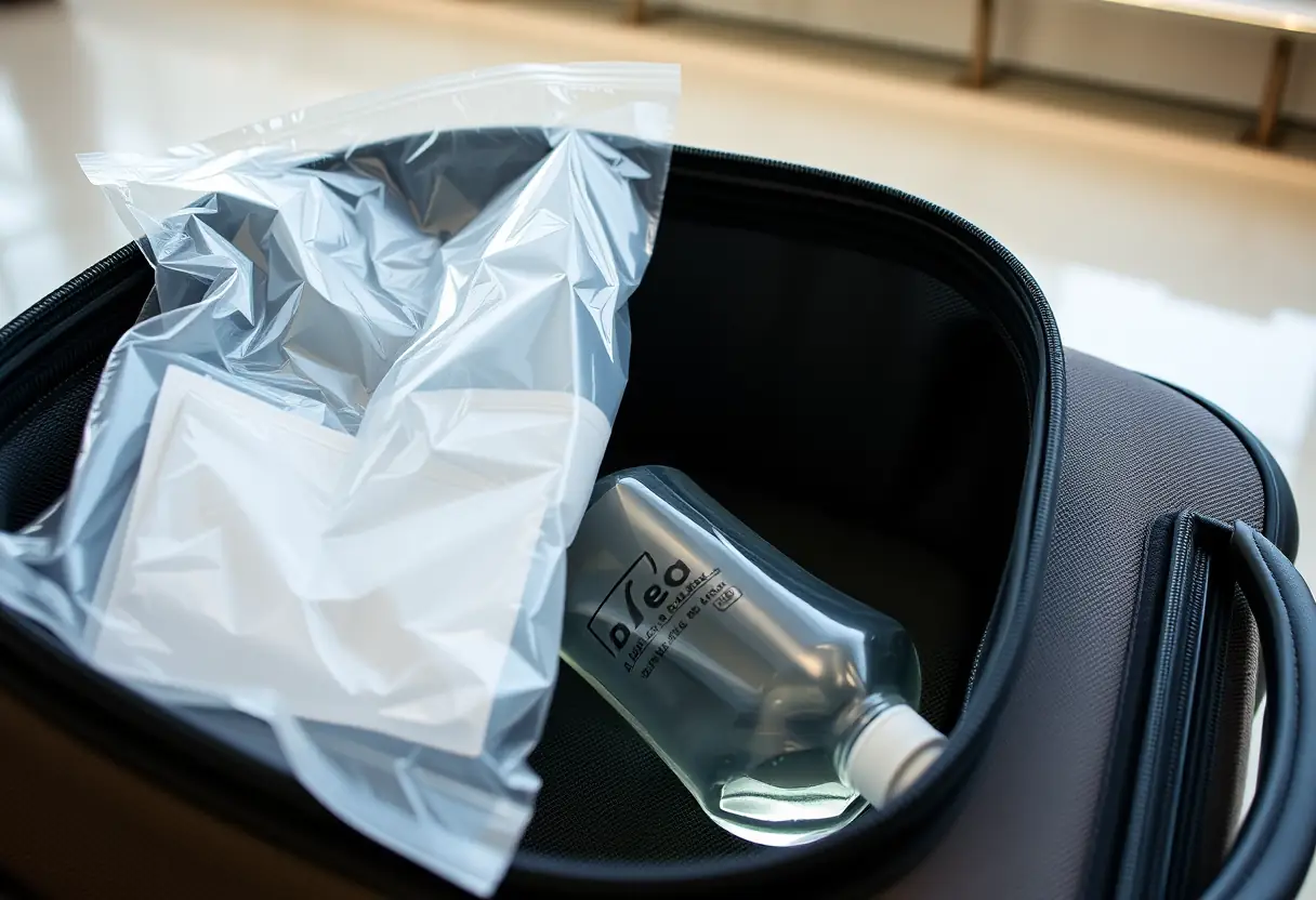 Un sac à dos fermé posé sur un tapis de bagages dans un terminal d'aéroport contenant une bouteille en plastique semi-remplie et un sac hermétique
