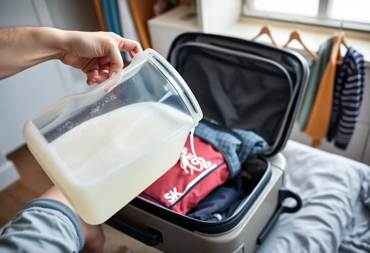 Une main tenant un grand récipient en plastique rempli de liquide et le versant dans un sac de toilette emballé dans un sac de voyage ouvert sur une commode dans une chambre à coucher