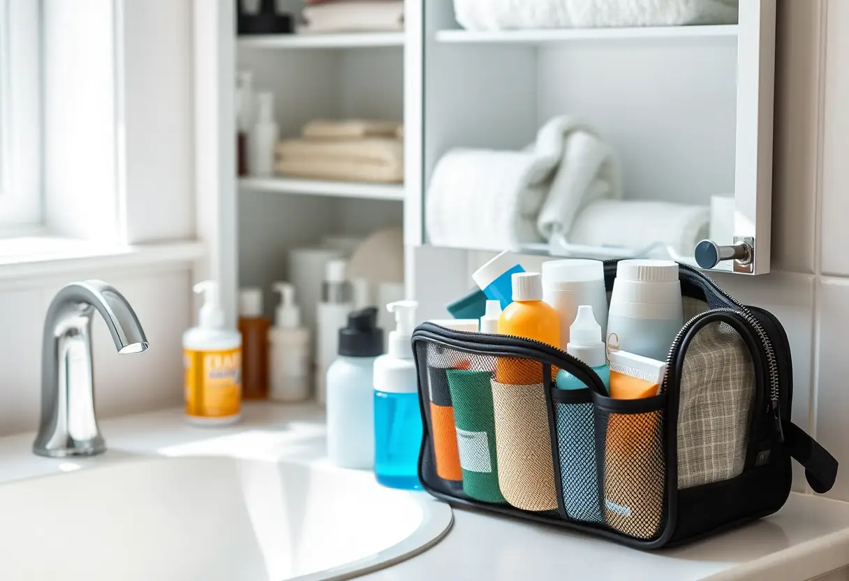 Un sac de toilette rempli de bouteilles et contenants de voyage, posé sur un lavabo avec les bouteilles bien rangées devant un meuble à pharmacie partiellement ouvert