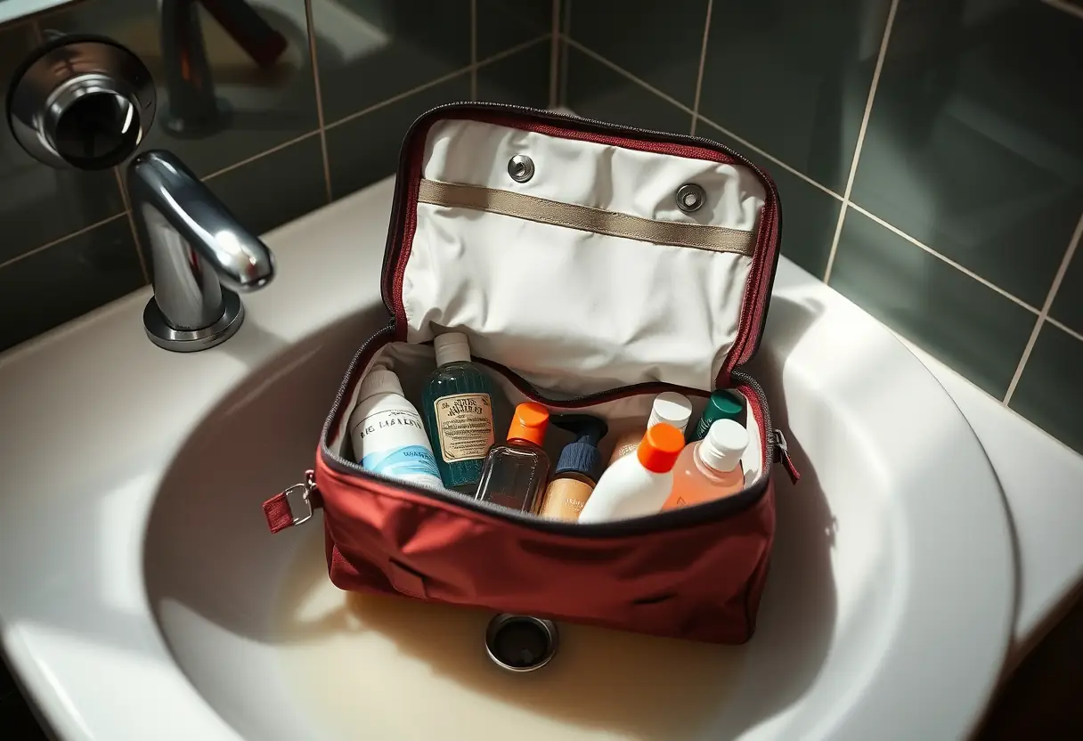 Un sac de toilette ouvert sur un lavabo rempli de divers produits liquides de voyage