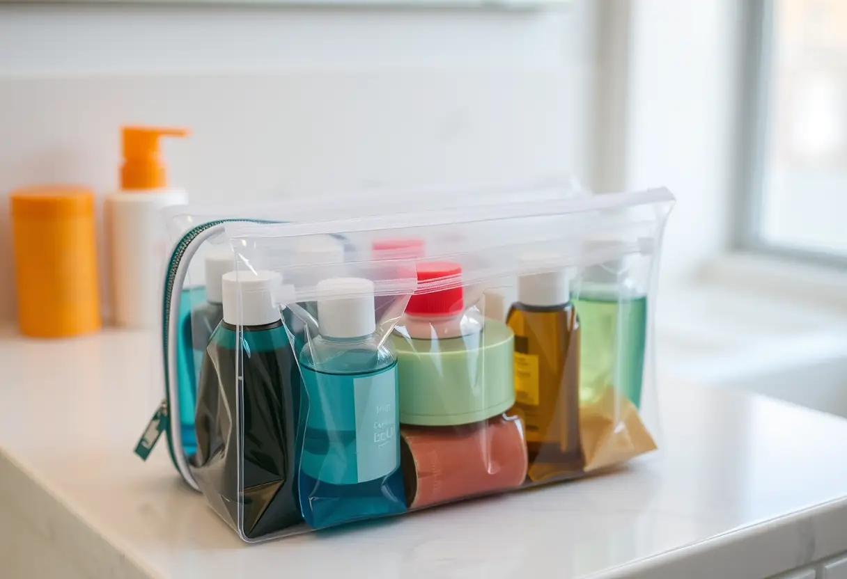 Un sac de toilette rempli de pochettes plastiques contenant divers liquides, rangées en files sur un meuble de salle de bains