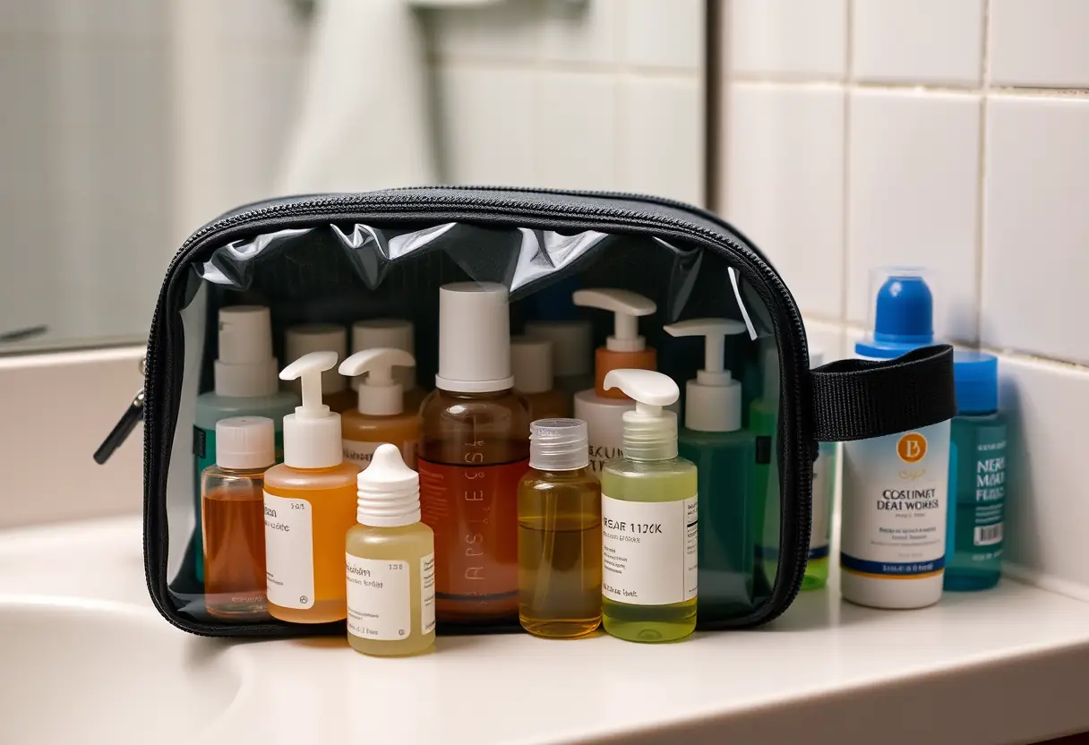 Un sac de toilette moyennement grand rempli de divers conteneurs de liquides, disposés en rangées sur un meuble de salle de bain