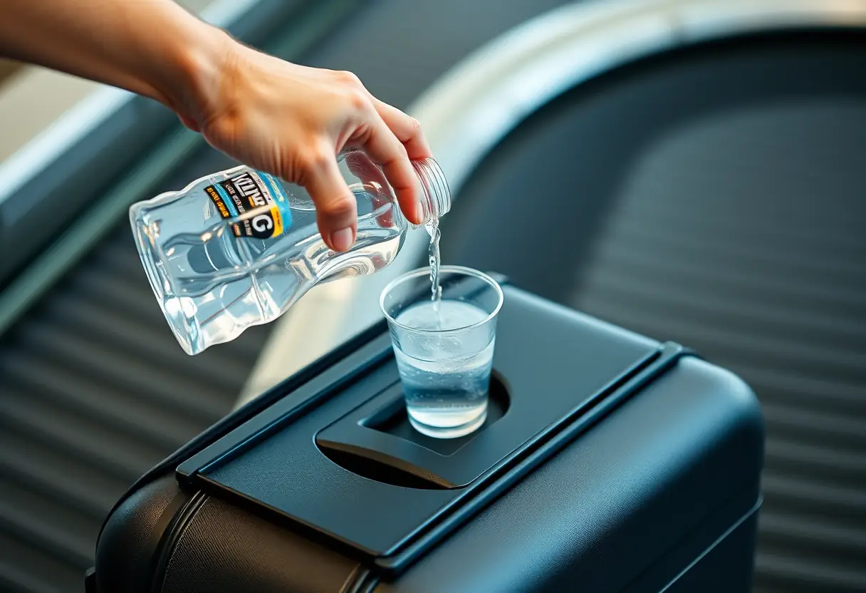 Une main qui verse de l'eau d'une bouteille en plastique transparente dans un verre posé sur le couvercle d'une valise posée sur un tapis de bagages