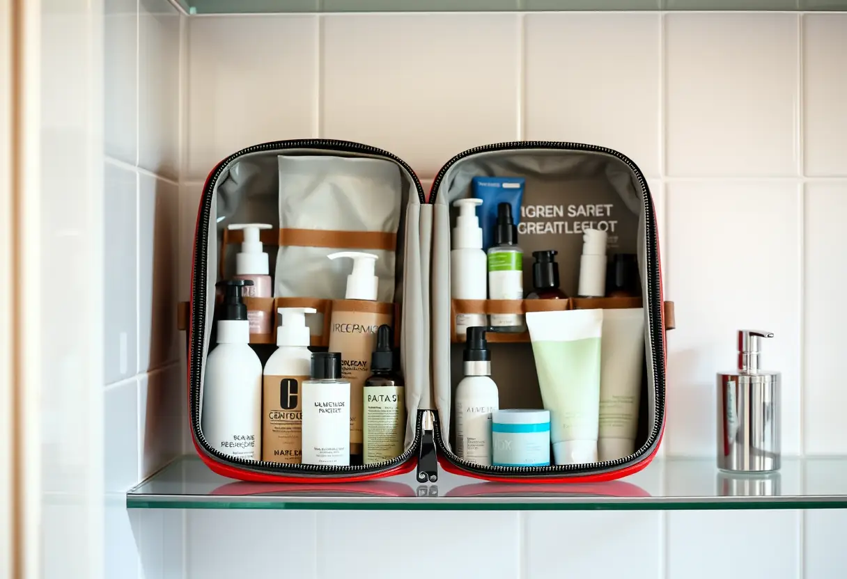 Un kit de toilette ouvert sur une étagère de la salle de bains, avec des bouteilles et des tubes disposés soigneusement à l'intérieur