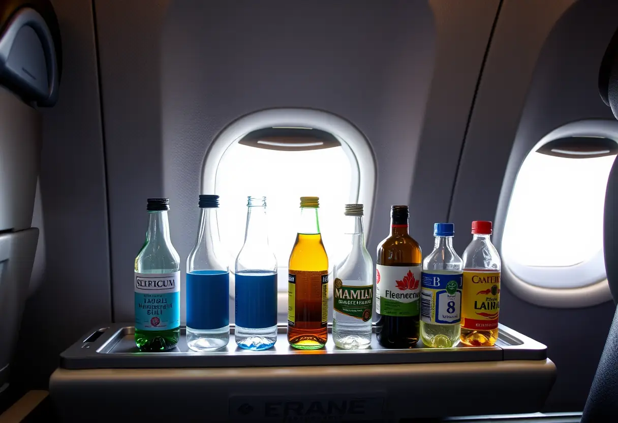 Des bouteilles alignées sur une tablette de table d'avion, montrant différentes tailles et formes