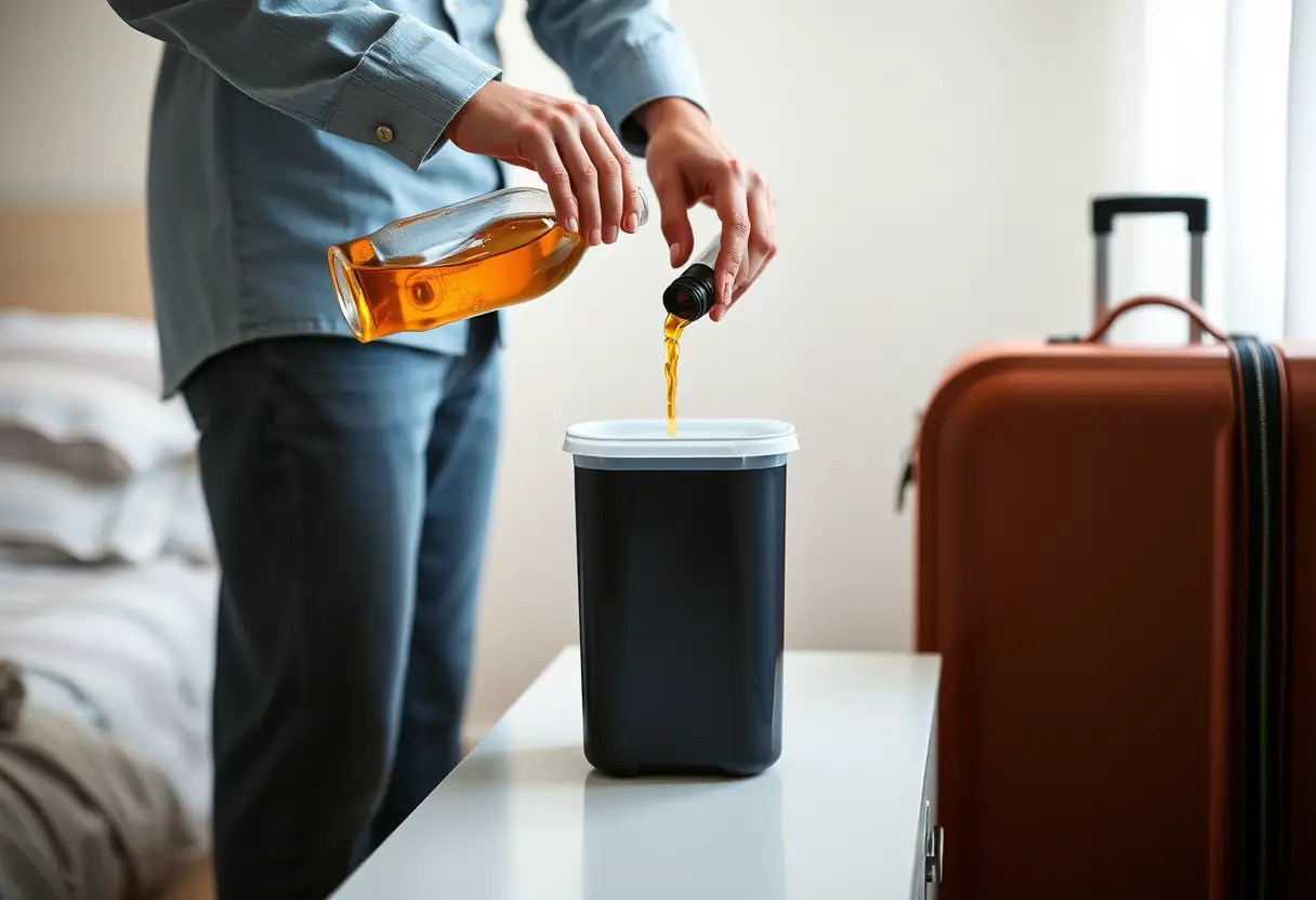 Une main verse un flacon de liquide dans un récipient en plastique, debout près d'une valise sur un meuble de chevet