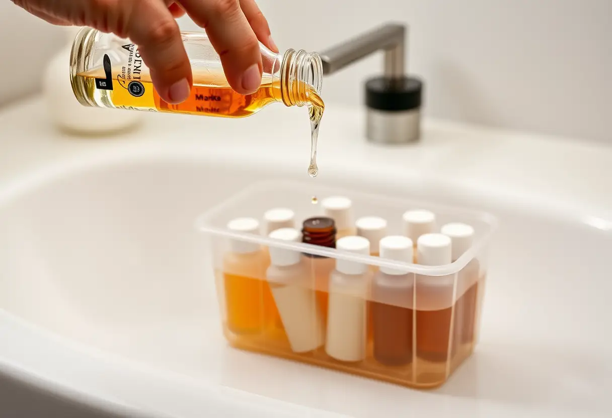 Une main verse un peu de liquide d'une bouteille en verre dans un récipient en plastique, qui contient déjà plusieurs petites bouteilles, tout cela sur une étagère de salle de bains