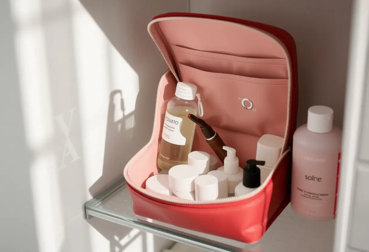 Un kit de toilette ouvert sur une étagère de salle de bains, montrant des bouteilles et contenants organisés avec soin, dont l'une est semi-remplie de liquide visible à travers l'ourlet ouvert
