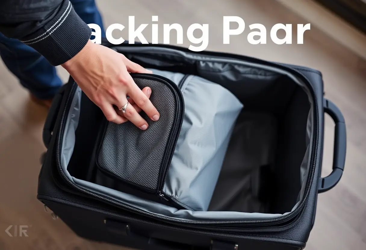 Une main introduisant un compartiment de rangement dans une valise cabine rigide