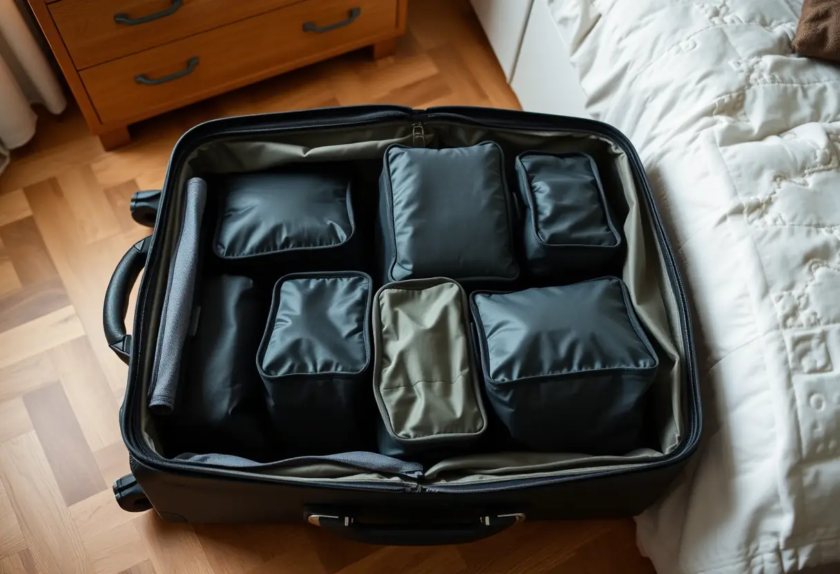 Des compartiments de rangement disposés avec soin à l'intérieur d'une valise ouverte sur un plancher de chambre