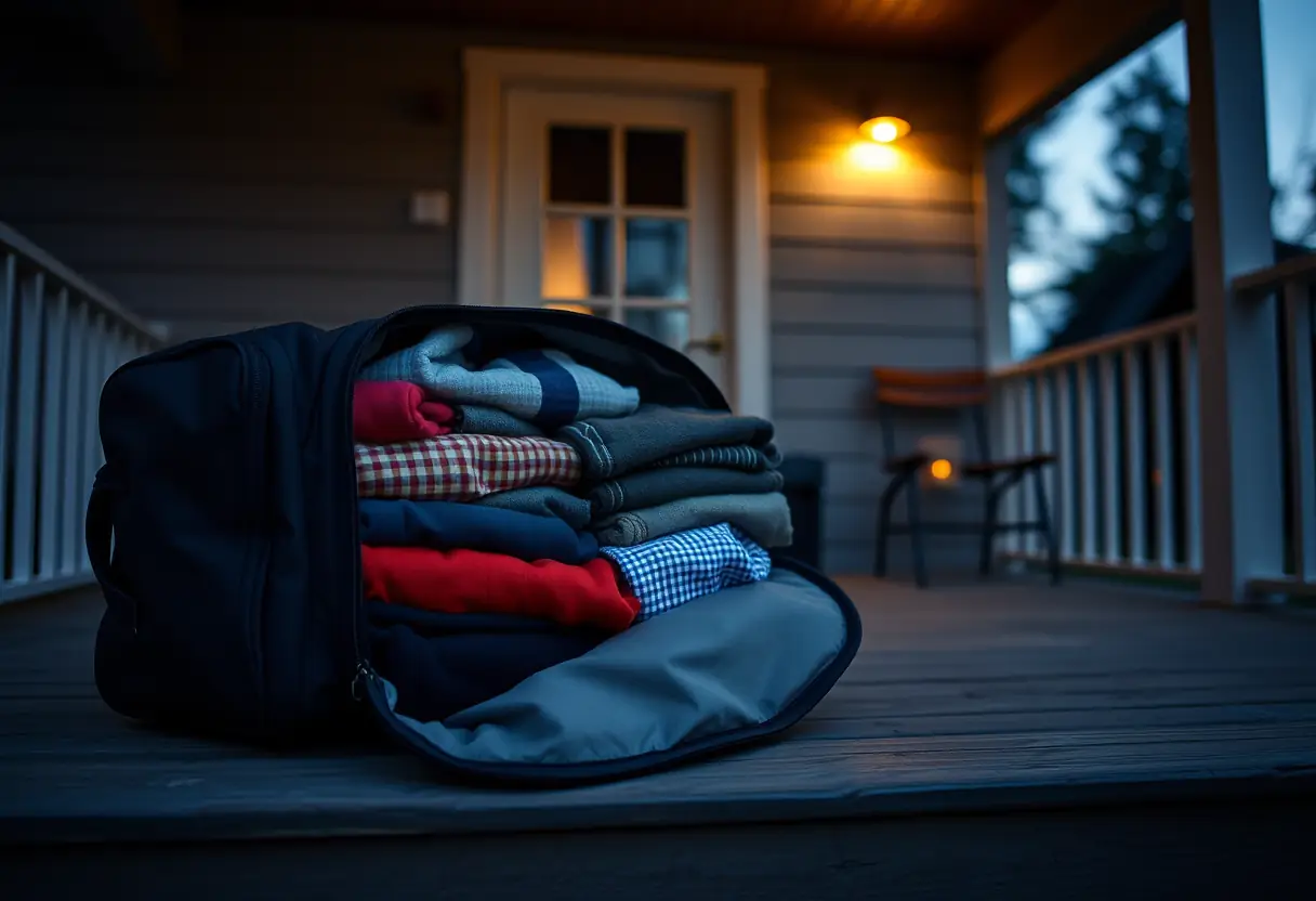 Un sac à dos cabine ouvert partiellement, révélant des vêtements pliés soigneusement à la tombée de la nuit