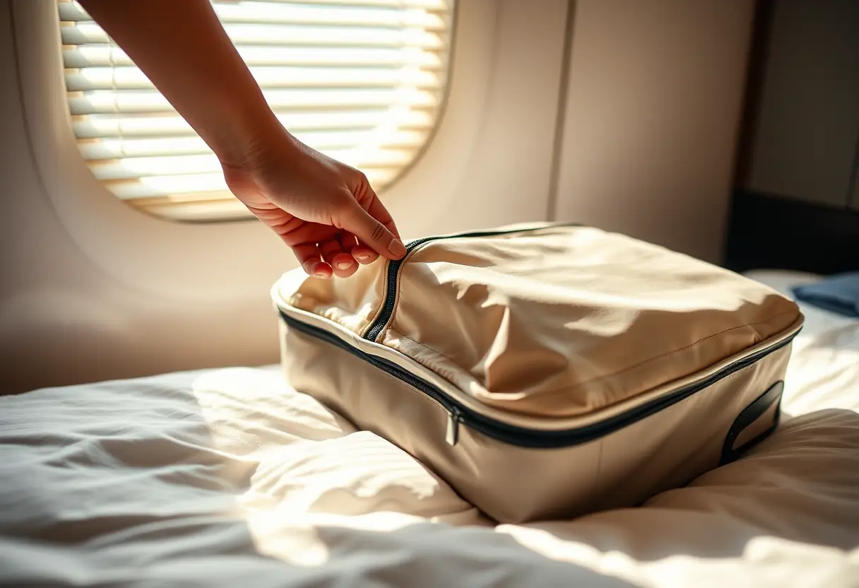Une main refermant la fermeture éclair d'un sac cabine posé sur un lit, la lumière du soleil filtre à travers des stores de fenêtre