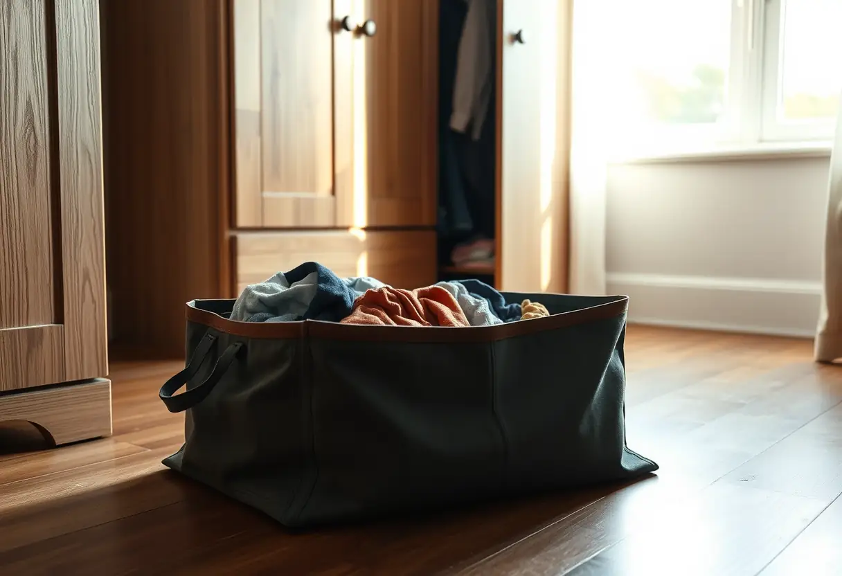 Un sac en tissu rempli de vêtements posé sur le plancher d'une chambre, à côté une porte de placard entrouverte