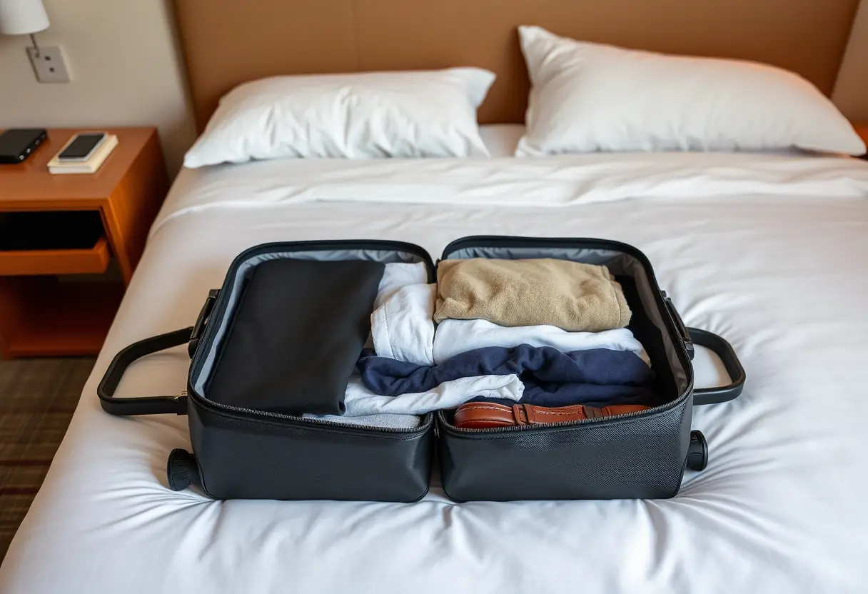 Un bagage cabine posé à plat sur un lit d'hôtel, avec des vêtements pliés à l'intérieur, montrant l'organisation et la capacité intérieure
