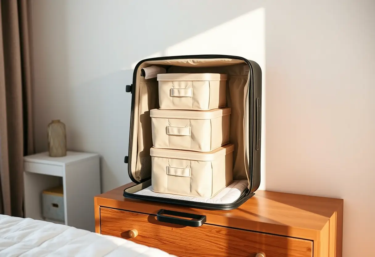 Des cubes de rangement empilés verticalement à l'intérieur d'une valise fermée sur une commode dans une chambre, mettant en valeur comment maximiser l'espace efficacement