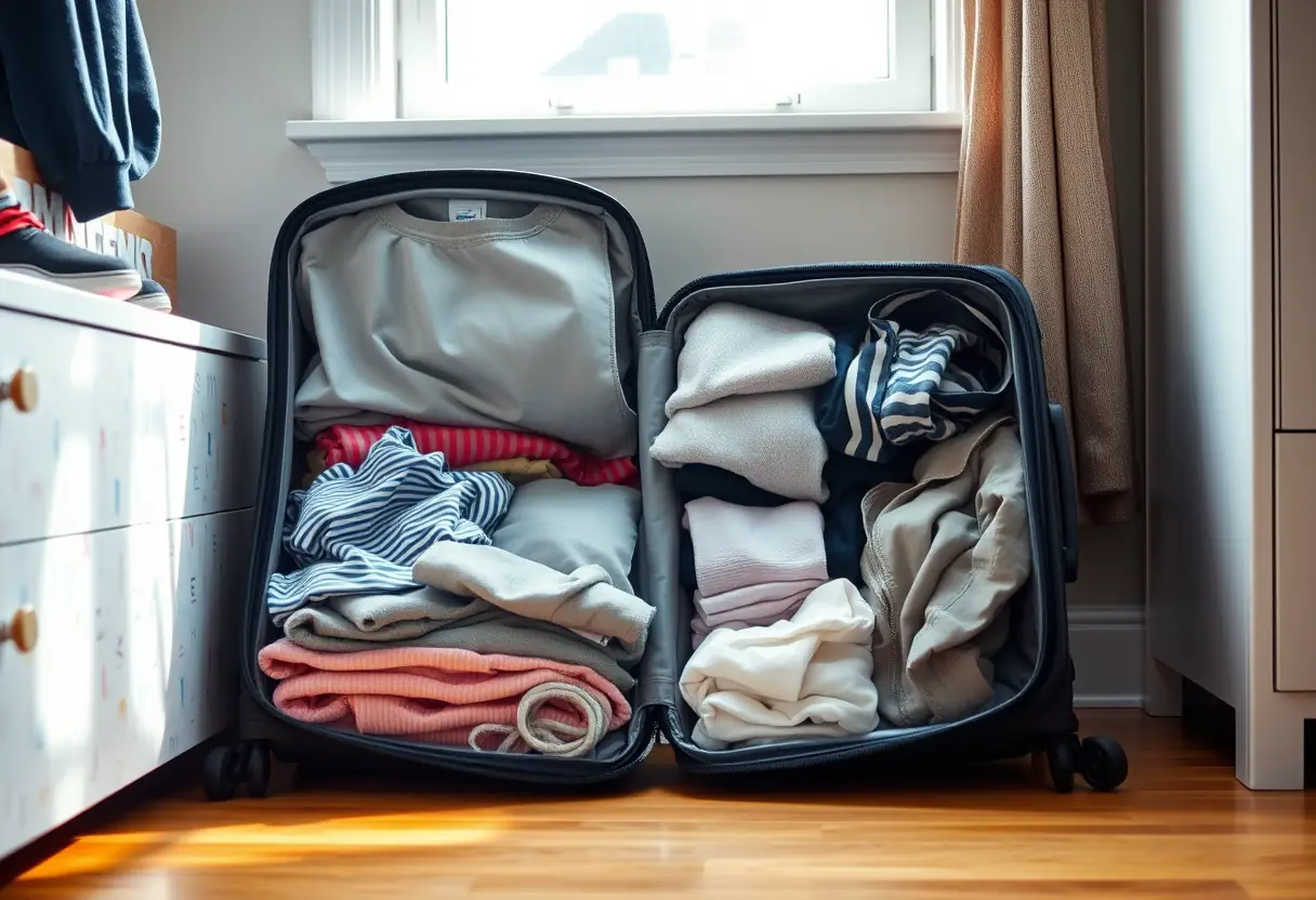 Un sac de voyage doux avec divers vêtements bien rangés, posé sur le plancher d'une chambre à coucher près d'une fenêtre