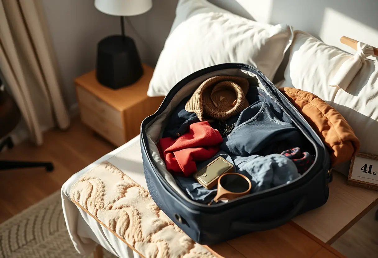 Un sac cabine à côté d'une table de chevet sur laquelle sont étalés ses vêtements et accessoires