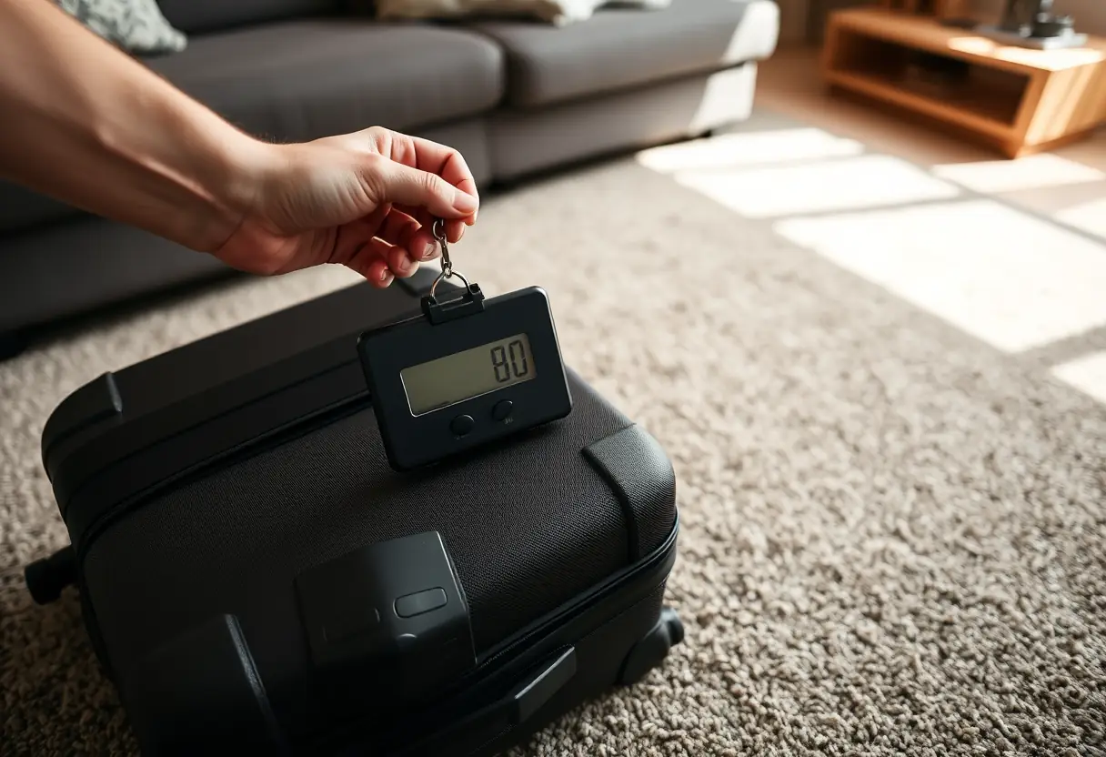 Une main tenant un échelle de bagages qui mesure le poids d'une valise chargée posée sur un tapis de salon