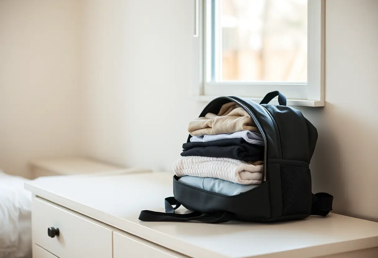 Un sac à dos féminin partiellement rempli de vêtements pliés soigneusement, posé sur une commode dans une chambre à coucher
