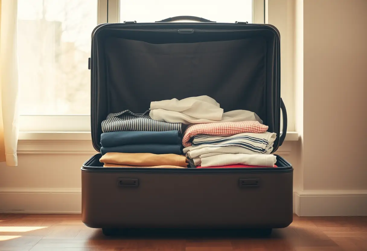 Un grand sac à dos ouvert révèle des vêtements pliés avec soin