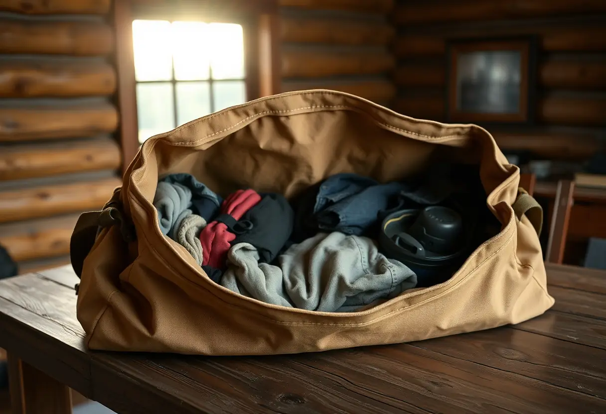 Un grand sac de toile rempli de vêtements posé sur une table dans une cabane