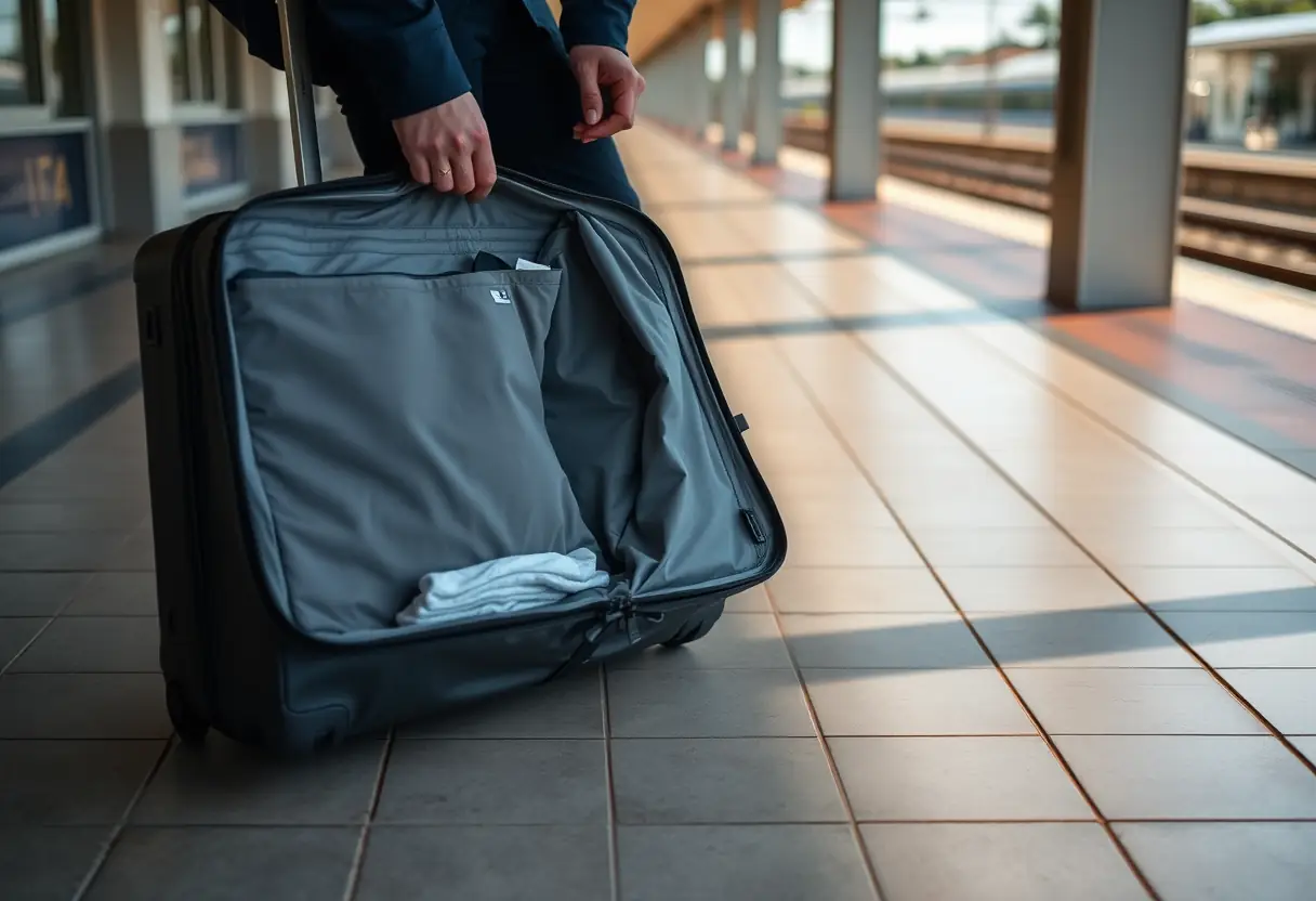 Une main ferme un zip sur une valise à roulettes devant une gare