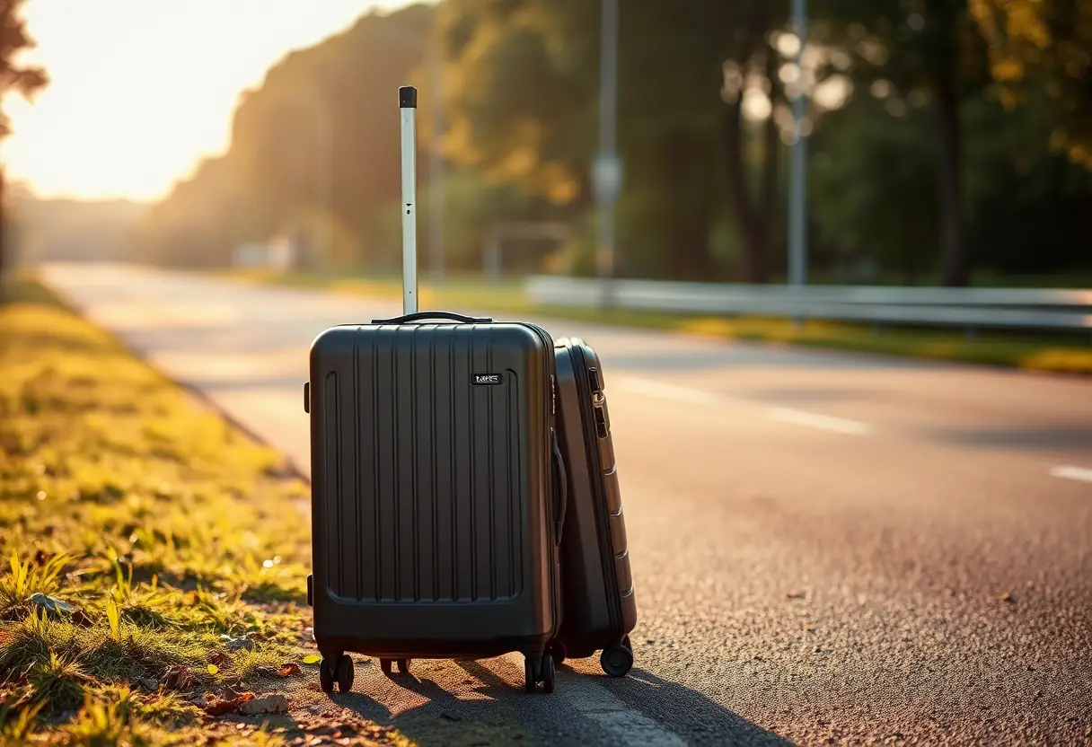Une poignée télescopique sortie d'une valise cabine rigide posée à côté d'une valise roulée sur le bas-côté d'une route au crépuscule
