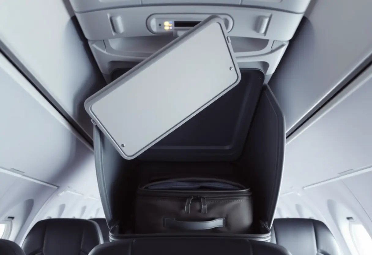 Une porte du compartiment à bagages d'un avion s'ouvrant largement, révélant une valise cabine rangée avec soin à l'intérieur