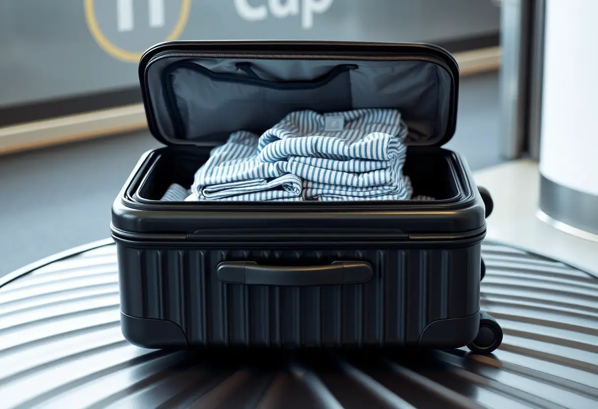 Une valise cabine rigide de taille moyenne posée sur un tapis de bagages, son couvercle entrouvert révélant des vêtements pliés avec soin