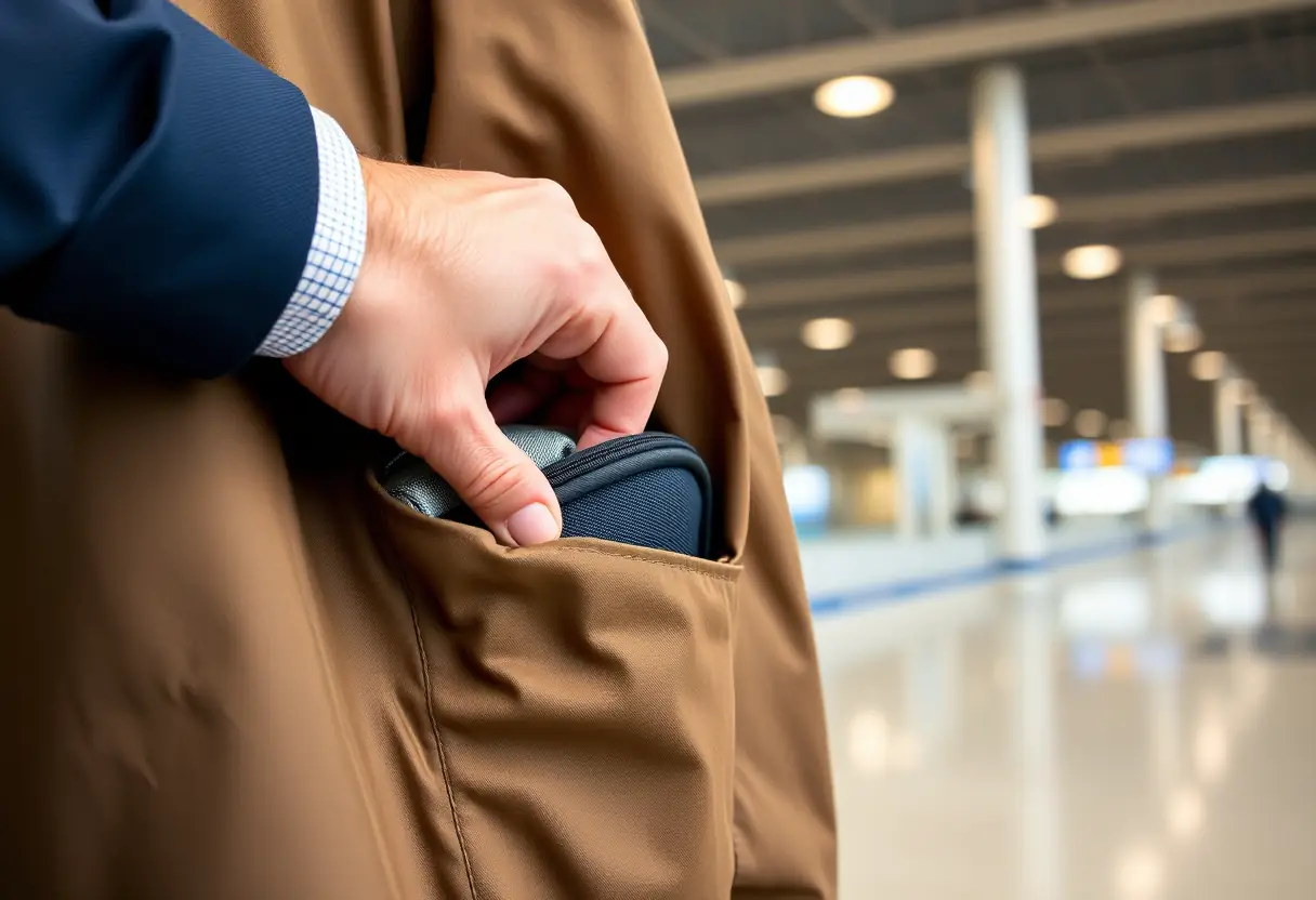 La main d'un voyageur plongeant dans la poche d'un manteau accroché à un porte-manteaux à l'aéroport, la poche contenant un petit compartiment de rangement