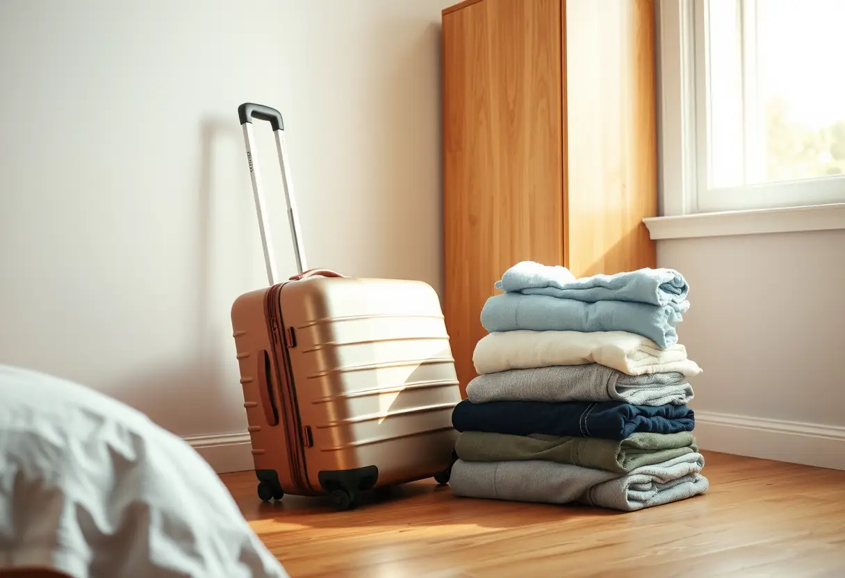 Une valise cabine fermée posée à côté d'une pile de vêtements pliés avec soin sur le plancher d'une chambre