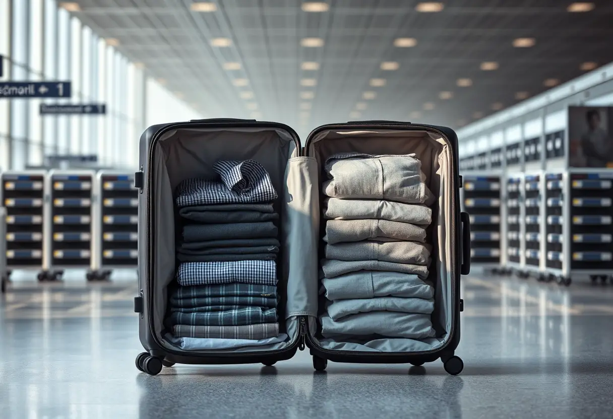 Un grand sac à dos ouvert montrant des vêtements pliés dans un aéroport