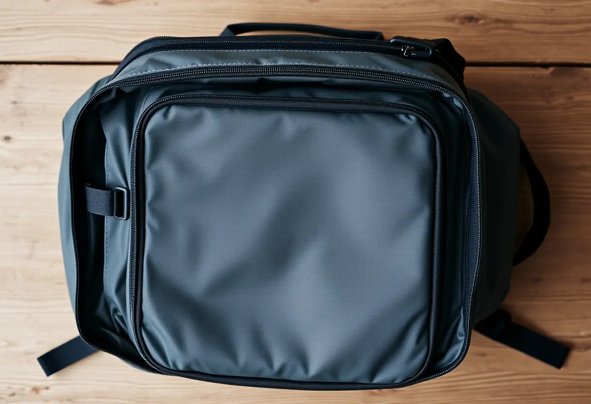 Un sac à dos rectangulaire entièrement rempli posé sur une table en bois