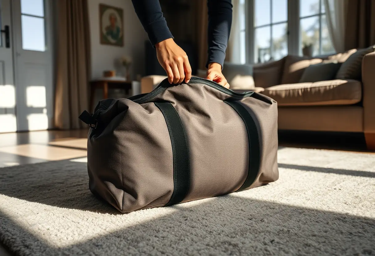 Une main dézippant une section d'un grand sac de sport carré posé dans un salon accueillant, éclairé par la lumière du jour